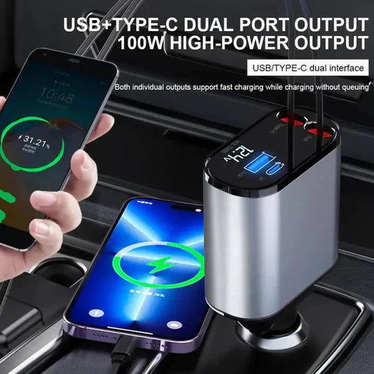 4-in-1 Retractable Super Fast Car Charger (120W Max) | شحن سيارة فائق السرعة مع كابل مخفي